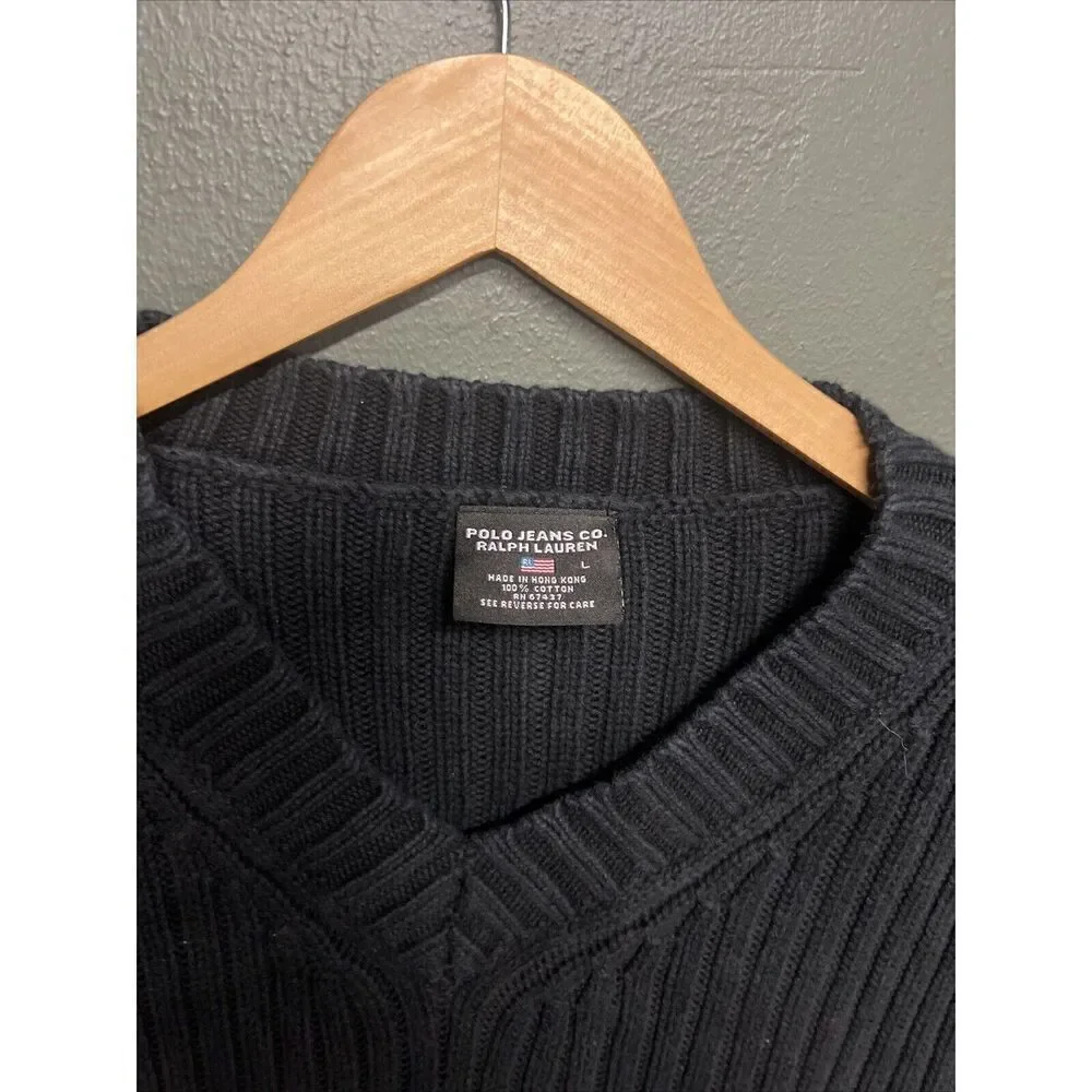 Polo Ralph Lauren Mens Sweater Large Rib Knit Chunky Cotton V-Neck Blue